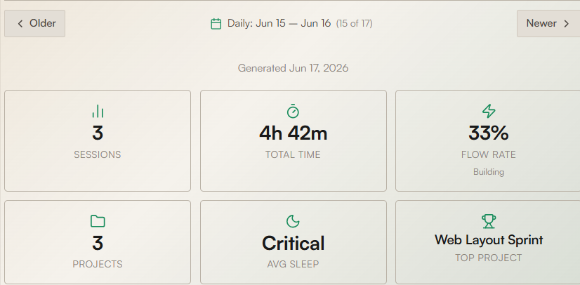 Daily digest — sessions, total time, flow rate, sleep, top project