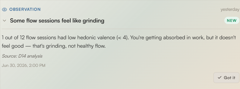 Observation — some flow sessions feel like grinding, from D14 analysis