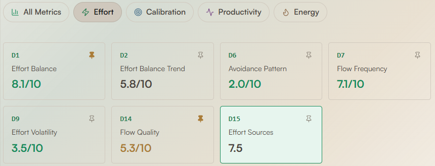 Effort metrics grid — D1 Effort Balance, D6 Avoidance, D9 Volatility and more