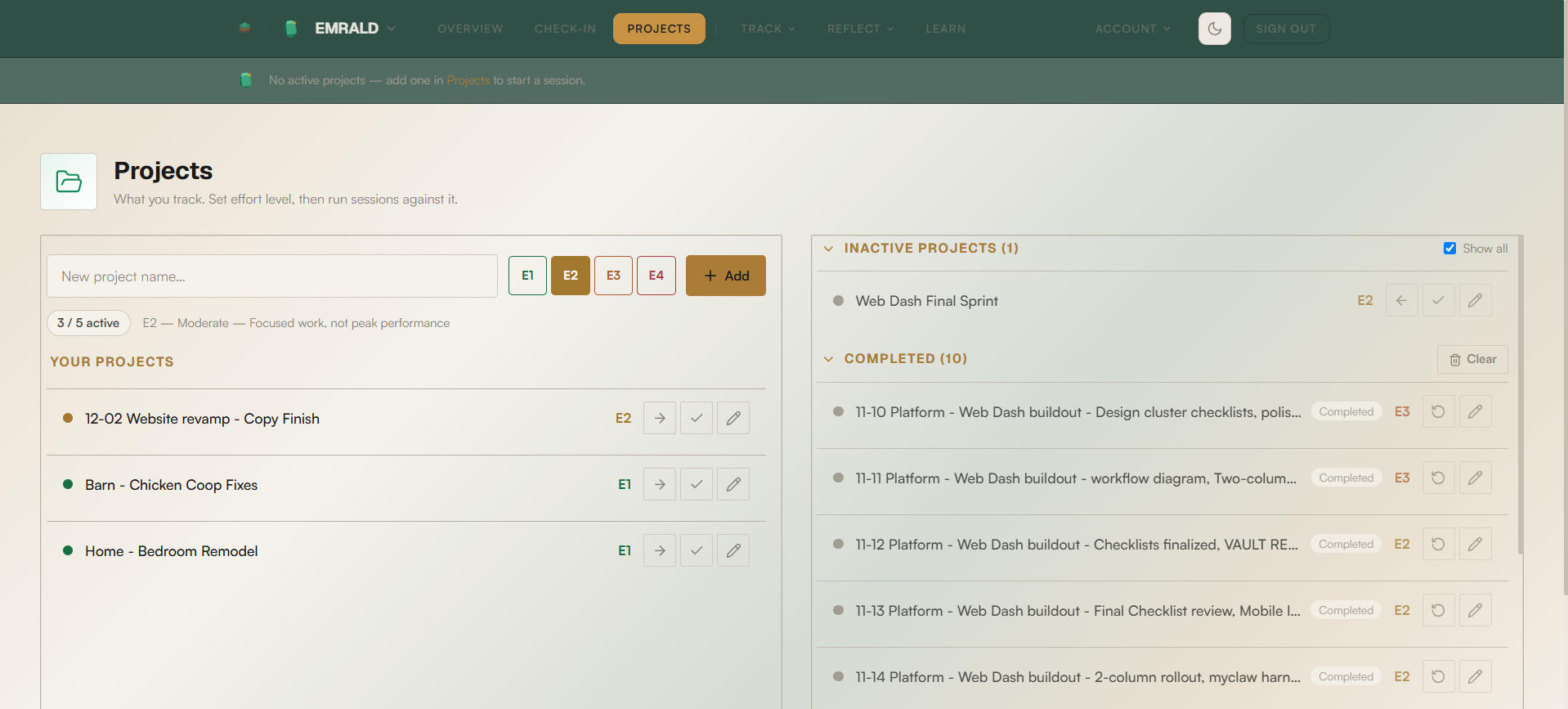 EMRALD Web Platform Projects view — active projects each tagged with an effort level