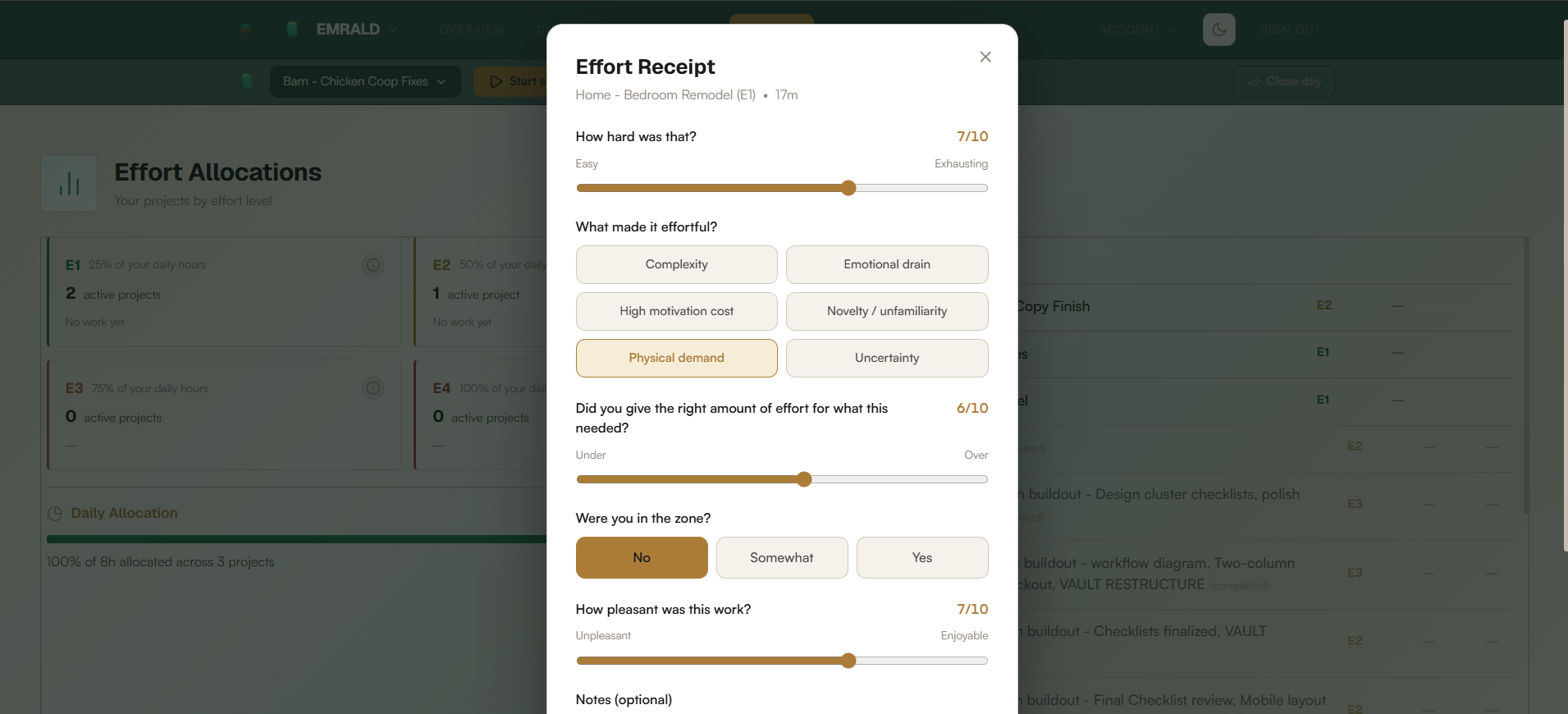 EMRALD Web Platform effort receipt — complexity, drain, motivation, and difficulty captured after a session