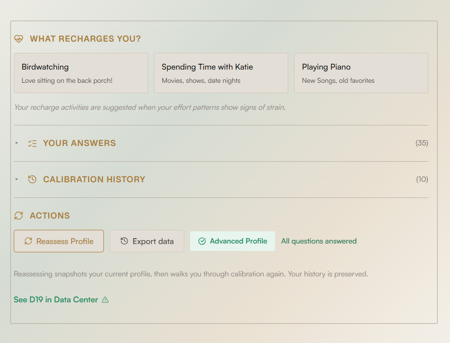 EMRALD Web Platform Effort Profile — what drains you, what recharges you, and your calibrated effort inputs